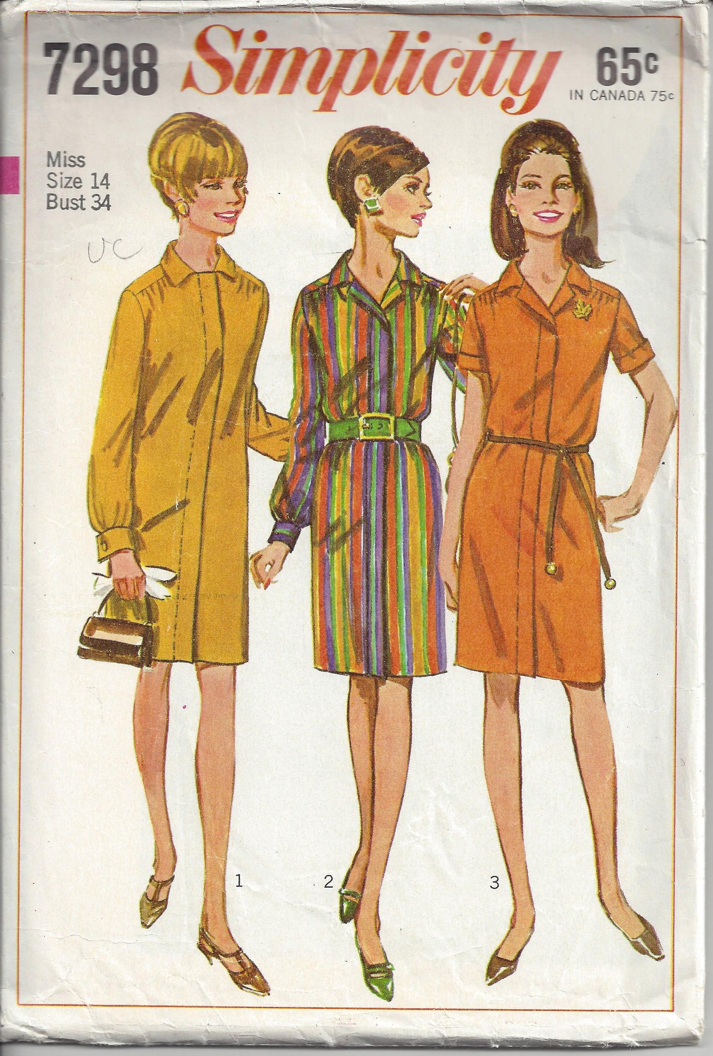 Simplicity 7298 Vintage 60's Sewing Pattern Mod Dress Set, Housewife Styles, Hidden Front Button Band Straight Fitting Day Dress, 3 Styles Size 14