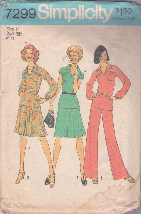 Simplicity 7299 Vintage 70's Sewing Pattern Disco Secretary 2 Piece Dress, Blouse, Flared Skirt, Wide Leg Pants Size 14