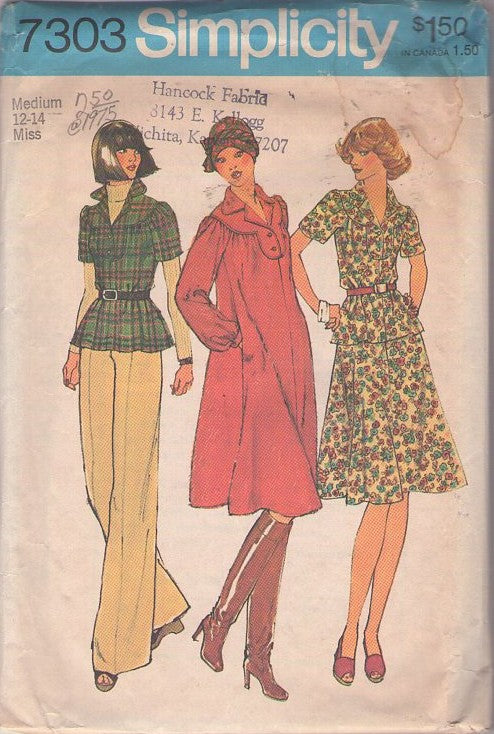 Simplicity 7303 Vintage 70's Sewing Pattern Boho Loose Fit Tent Dress, Yoked Blouse, Skirt, Size M 12-14