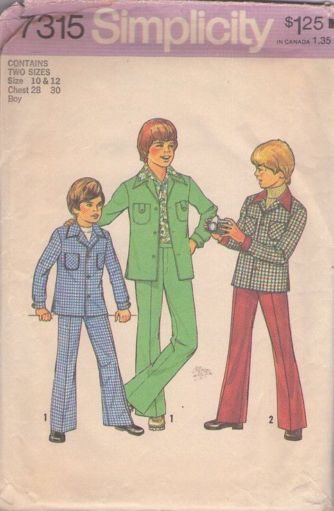 Simplicity 7315 Vintage 70's Sewing Pattern Boys' Separates, Retro Disco Shirt Jacket Top, Flared Leg Fly Front Pants Size 10-12
