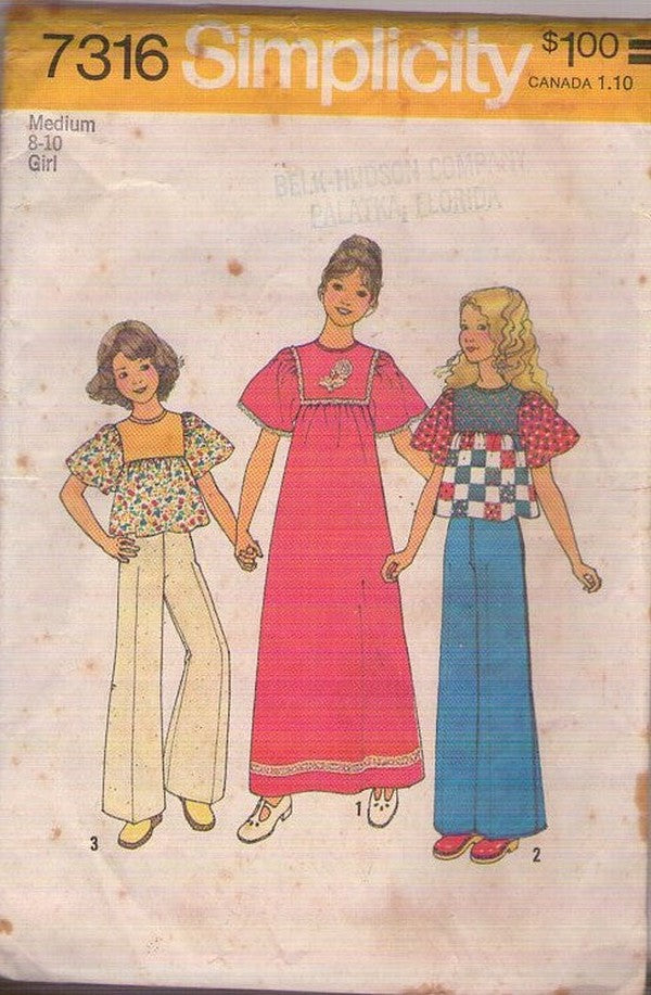 Simplicity 7316 Vintage 70's Sewing Pattern Girl's Smock Top, Bell Sleeve Blouse, Maxi Dress, Size M 8-10