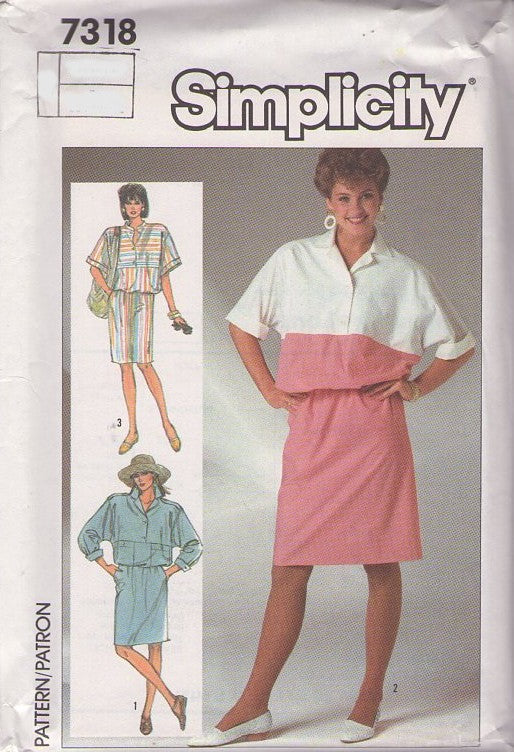 Simplicity 7318 Vintage 80's Sewing Pattern Blouson Dress, New Wave, Wide Armhole Contrast Blouson Dress, 3 Styles Size 10-14