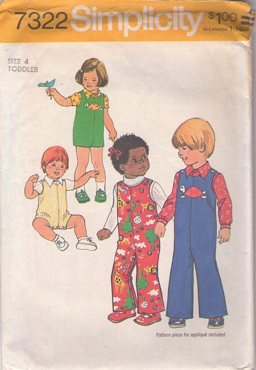 Simplicity 7322 Vintage 70's Sewing Pattern Boys' & Girl's Play Set, Jumpsuit, Snap Crotch Sunsuit, Romper, Overalls Size 4