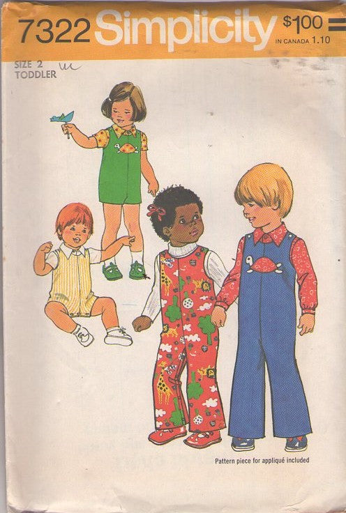Simplicity 7322 Vintage 70's Sewing Pattern Boys' & Girl's Play Set, Jumpsuit, Snap Crotch Sunsuit, Romper, Overalls Size 2