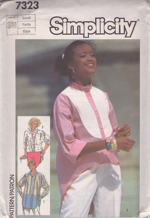Simplicity 7323 Vintage 80's Sewing Pattern Tuxedo Yoke Blouses, 2 Tone Shaped Hem Oversized Boyfriend Hi Low Shirt, Blouse Set 3 Styles Size S