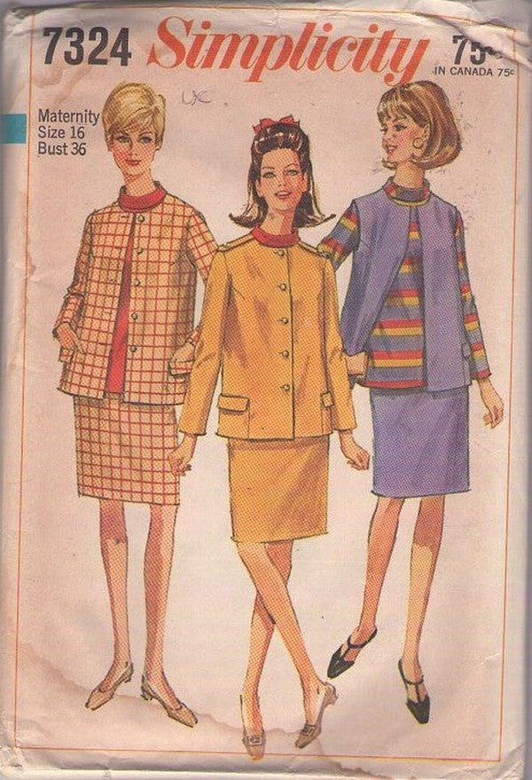 Simplicity 7324 Vintage 60's Sewing Pattern Mod Suit Separates, Militant Jacket Top, Vest, Slim Sheath Skirt Bump Friendly Size 16