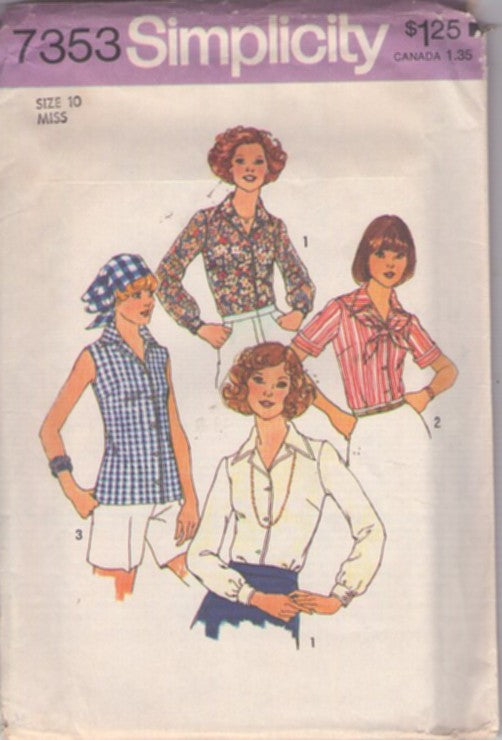 Simplicity 7353 Vintage 70's Sewing Pattern Retro Shirts, That 70s Show Mom, Blouse Set, Head Scarf, Kerchief Size 10