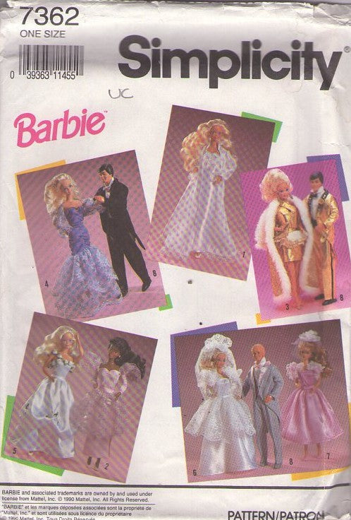Simplicity 7362 Vintage 90's Sewing Pattern Doll Clothes, Official Mattel Barbie Formal Gown, Dress, Wedding, Party, Bridal, MUST SEE