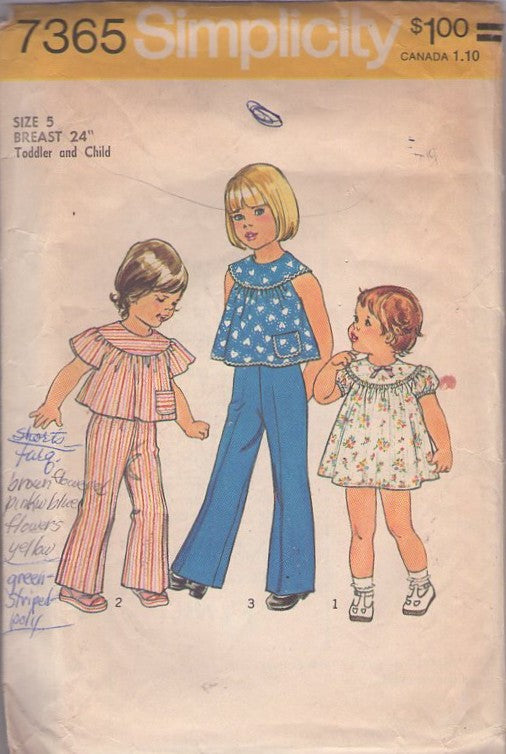 Simplicity 7365 Vintage 70's Sewing Pattern Girl's Separates, Round Yoked Sun Top, Cropped Blouse, Dress & Flared Pants Size 5