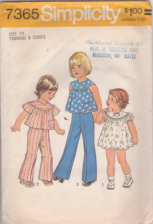Simplicity 7365 Vintage 70's Sewing Pattern Girl's Separates, Round Yoked Sun Top, Cropped Blouse, Dress & Flared Pants Size 1/2