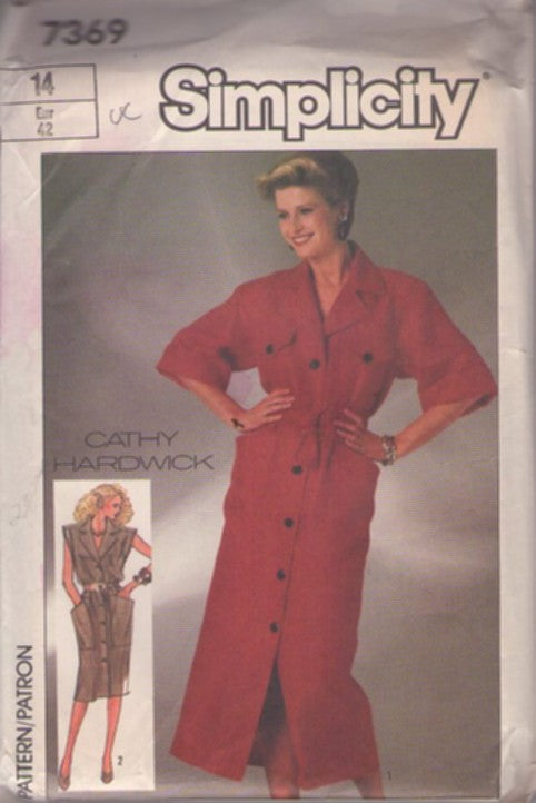 Simplicity 7369 Vintage 80's Sewing Pattern Designer Coat Dress, Cathy Hardwick Dynasty Secretary Style Front Buttoned Boxy Coat Dress 2 Styles Size 14