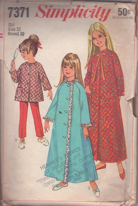 Simplicity 7371 Vintage 60's Sewing Pattern Teen Girl's Pajamas, Robes, Raglan Sleeve Pajamas Jacket Top & Pants, House Coat, Quilted Bathrobe Rove Size 12