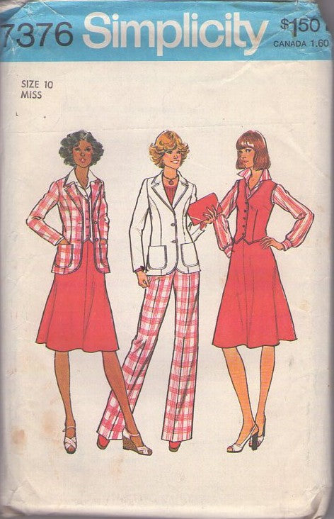 Simplicity 7376 Vintage 70's Sewing Pattern Secretary Separates, Blazer Jacket with Pockets & Princess Seams, Vest, Flared A-Line Skirt & Slacks Size 10