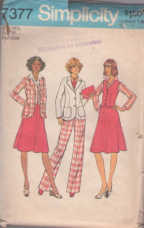 Simplicity 7377 Vintage 70's Sewing Pattern Blazer Suit Jacket, Vest, Pants, Skirt, Annie Hall Career Styles Size 18.5