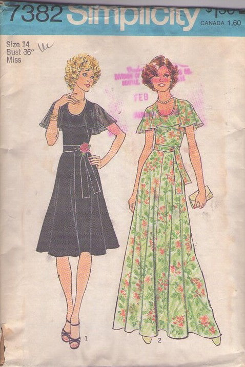 Simplicity 7382 Vintage 70's Sewing Pattern Disco Party Dress, Hostess Gown, Capelet Collar, Sweeping Skirt 2 Styles Size 14