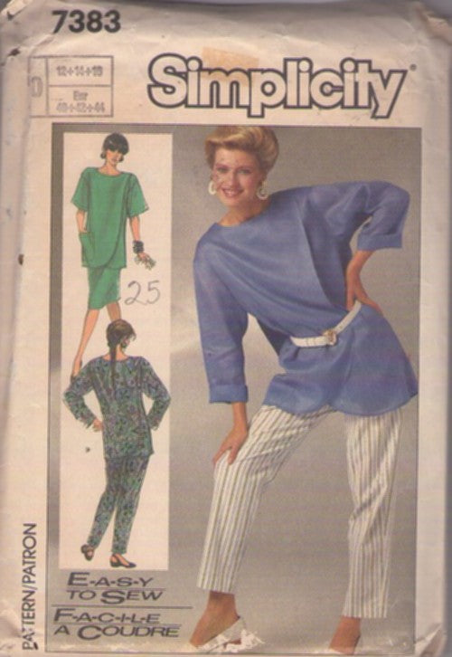 Simplicity 7383 Vintage 80's Sewing Pattern Tulip Drape Front Tunic Top Blouse, Pants, Skirt, Pantsuit, Easy New Wave Styles Size 12-16