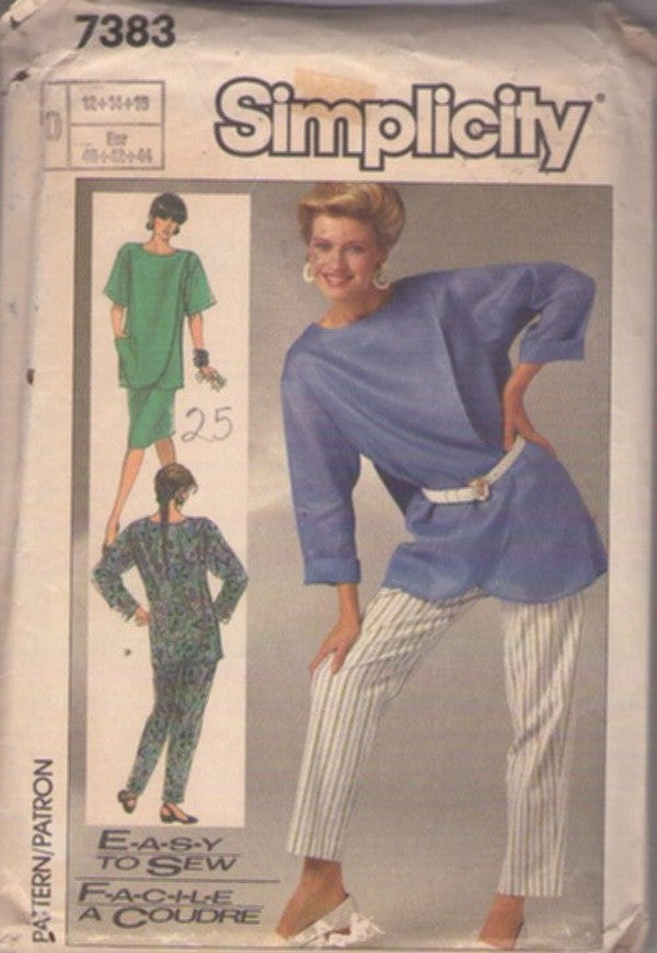 Simplicity 7383 Vintage 80's Sewing Pattern Tulip Drape Front Tunic Top Blouse, Pants, Skirt, Pantsuit, Easy New Wave Styles Size 12-16