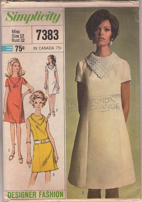 Simplicity 7383 Vintage 60's Sewing Pattern Designer Fashion Dresses, Mod Space Age Twiggy Princess Seams Cocktail Party Dress, Jewel Collar, Contour Belt Size 12
