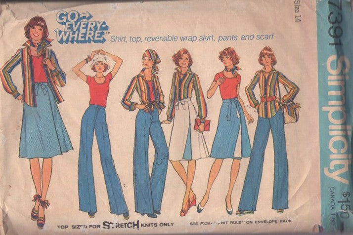 Simplicity 7391 Vintage 70's Sewing Pattern Stretch Knits Separates, Go Everywhere Shirt, Reversible Wrap Around Skirt, Tshirt Top, Pants, Scarf Size 14