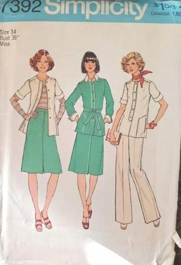Simplicity 7392 Vintage 70's Sewing Pattern Secretary Separates, Shirt Jacket Blouse, A-Line Skirt, Slacks Size 14