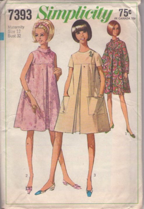 Simplicity 7393 Vintage 60's Sewing Pattern Mod Tent Dress, Inverted Front Pleat Dresses, 3 Styles Size 12