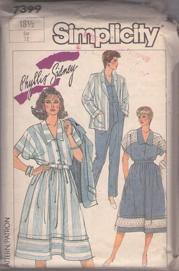 Simplicity 7399 Vintage 80's Sewing Pattern Half Size Separates, Designer Phyllis Sidney Secretary Jacket, Blouse, Skirt, Pants Size 18.5