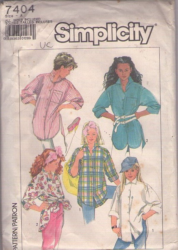 Simplicity 7404 Vintage 80's Sewing Pattern Girl's Blouse Set, Brat Pack Shirts, Long Hi Lo Hem Button Up Blouse Set, 2 Styles Size S-L