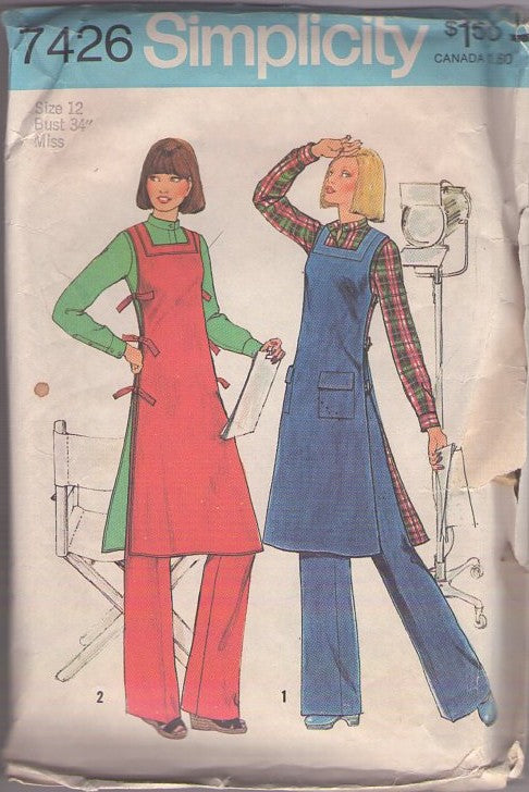 Simplicity 7426 Vintage 70's Sewing Pattern Art Teacher Separates, Boho Side Ties Sandwich Board Apron Tunic Top, Blouse, Pants Size 12