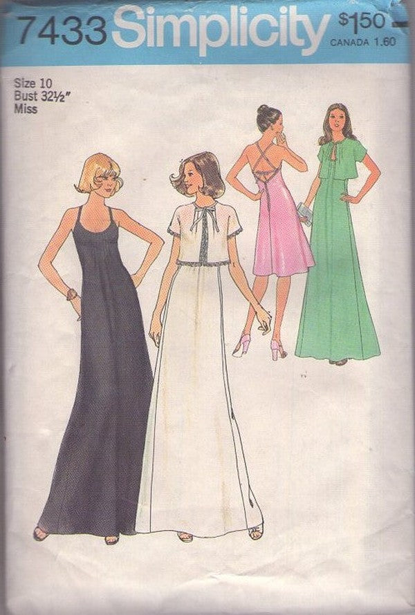 Simplicity 7433 Vintage 70's Sewing Pattern Halter Dress, Cover Up, Scoop Neck, Pin Tucks, Criss Cross Straps Disco Party Dress, Lace Trim Flared Cropped Jacket Size 10
