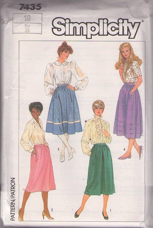 Simplicity 7435 Vintage 80's Sewing Pattern Office Skirts, Fuss Free Fit Classic Secretary Skirt Band Trim, Pleats, Pockets 4 Styles Size 10