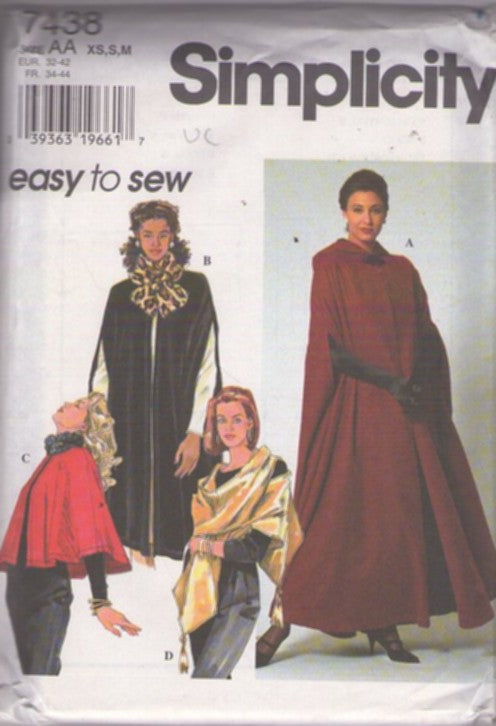 Simplicity 7438 Retro 90's Sewing Pattern Easy Cloaks, Cape Set, Flared Cropped Capelet, Arm Slits Cover Up, Wrap Stole, Long Cape with Hood Size XS-M