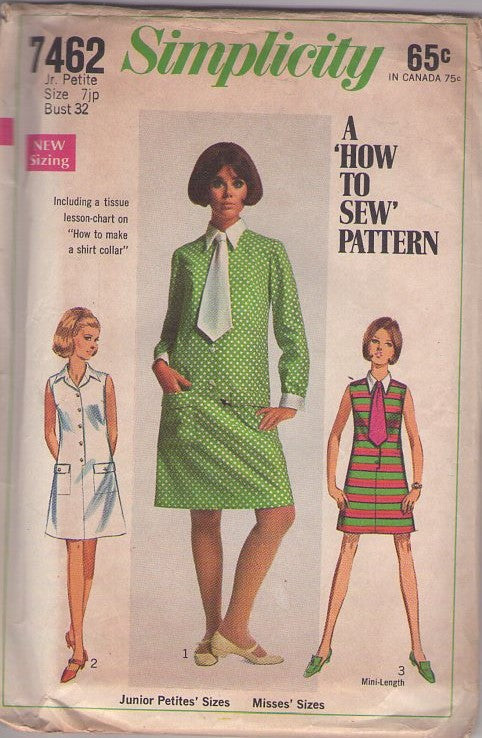 Simplicity 7462 Vintage 60's Sewing Pattern Mod Dress Set, Easy, How to Sew, Step In Button Front Dress, Collar, Wide Neck Tie, 3 Styles Size 7JP