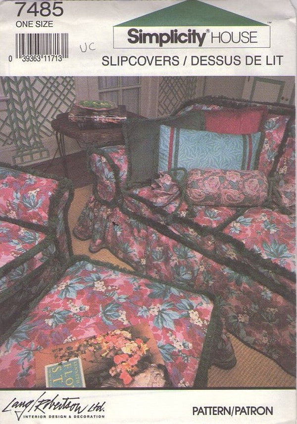 Simplicity 7485 Vintage 90's Sewing Pattern Fringe Piping Slipcovers, Couch and Chair Covers One Size