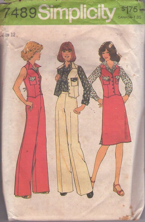 Simplicity 7489 Vintage 70's Sewing Pattern Vest Jacket, Flap Pockets, Flared Pants, Skirt Size 12