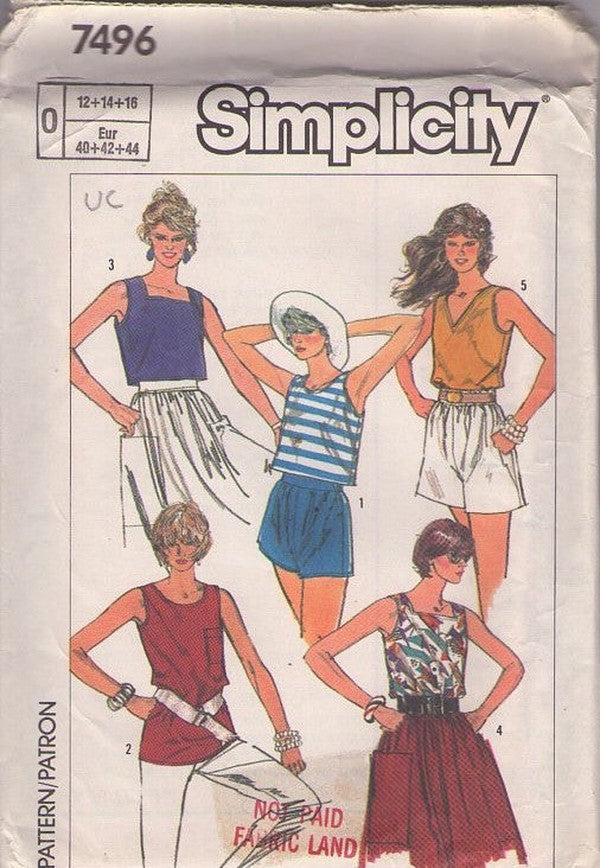 Simplicity 7496 Vintage 80's Sewing Pattern Easy Summer Top Set, Cropped, Scoop, V Neck, 5 Styles Size 12-16