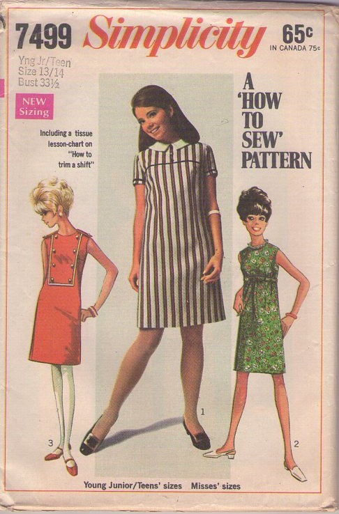 Simplicity 7499 Vintage 60's Sewing Pattern Mod Dress Set, Twiggy Shift Dress, 3 Styles Size 13/14