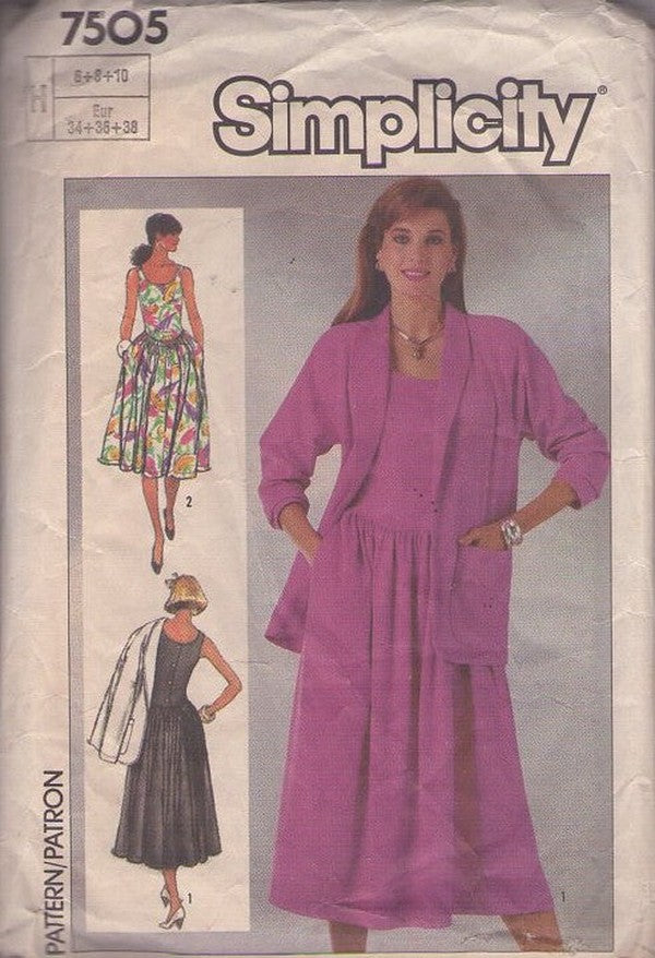 Simplicity 7505 Vintage 80's Sewing Pattern Sun Dress, Shawl Collar Jacket, Rockabilly Style Ensemble, Pockets, Petite Size 6-8