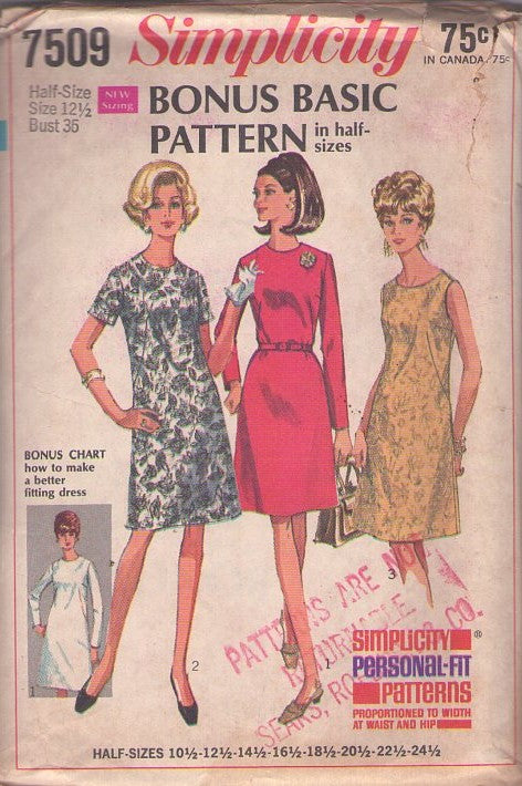 Simplicity 7509 Vintage 60's Sewing Pattern Easy Dresses, Bonus Basic Full Figure Mod Fit & Flared Dart Fitted Dress, 3 Styles Size 12.5