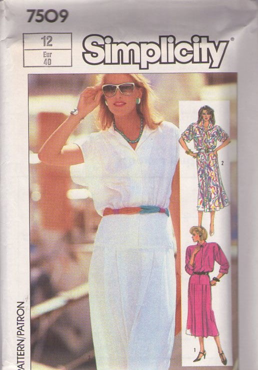 Simplicity 7509 Vintage 80's Sewing Pattern Secretary Dresses, Garden Party Drop Waist Hidden Front Closure, Pleated Skirt Dress Size 12
