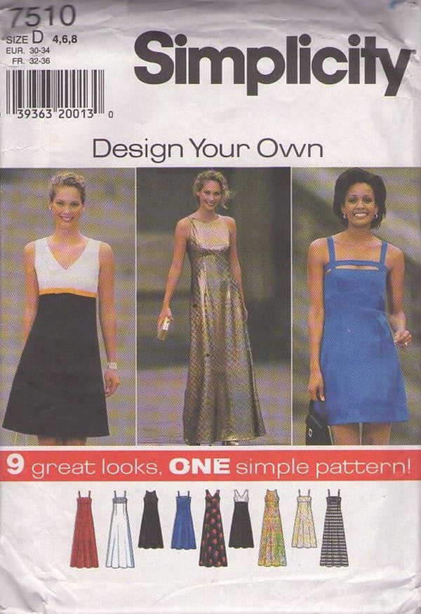 Simplicity 7510 Retro 90's Sewing Pattern Design Your Own Dress, Evening, Prom, Party Styles, 9 Great Looks Size 4-8