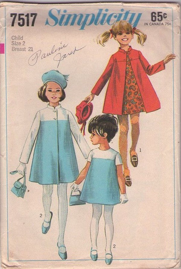 Simplicity 7517 Vintage 60's Sewing Pattern Girls' Mod A-Line School Dress, Nehru Collar Coat Ensemble Size 2