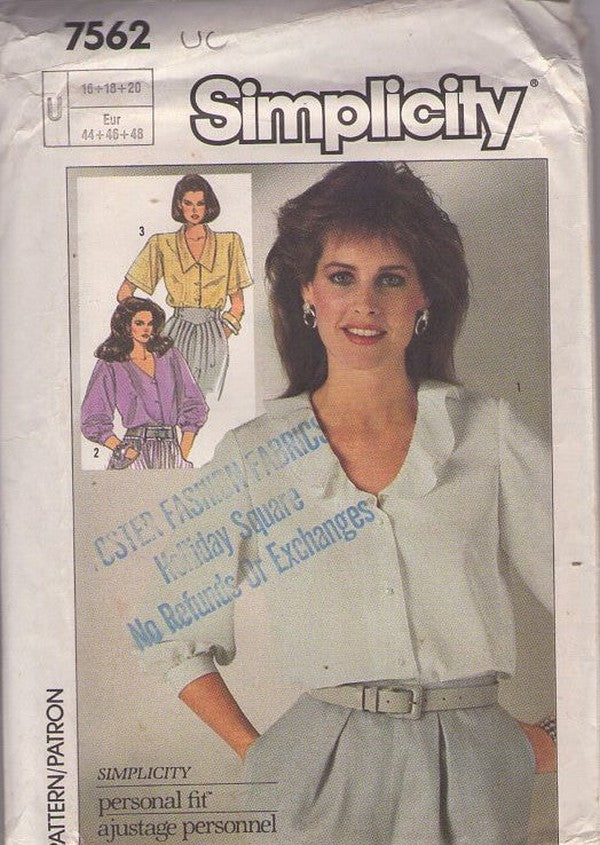 Simplicity 7562 Vintage 80's Sewing Pattern Modest Secretary Blouse Set, Button Front, 3 Styles Size 16-20