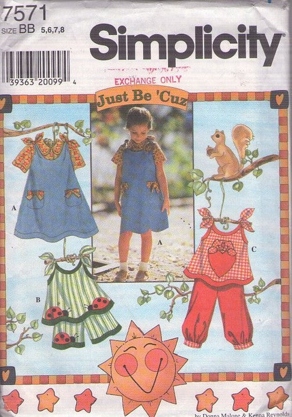 Simplicity 7571 Retro 90's Sewing Pattern Girl's Separates, Just Be Cuz Mix & Match Sun Top, Tied Shoulder Jumper, Dress, Shorts, Blouse, Knickers Size 5-8