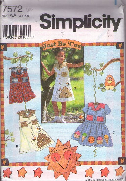 Simplicity 7572 Retro 90's Sewing Pattern Girl's Separates, Just Be Cuz, Farmcore, Wearable Art, Summer Romper, Dress, Shirt Jacket Blouse Top, Applique Trim Size 3-6