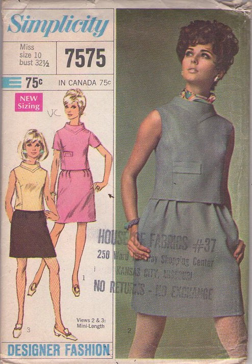 Simplicity 7575 Vintage 60's Sewing Pattern Mod Dress, Designer Fashion Away From Neck Collared Princess Seams Cropped Blouse, Shirt & Pleated Skirt 3 Styles Size 10