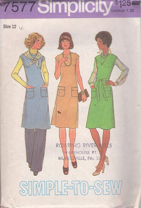 Simplicity 7577 Vintage 70's Sewing Pattern Casual Separates, Cap Sleeve Shift Dress, Tunic Top, Jumper & Pants Size 12