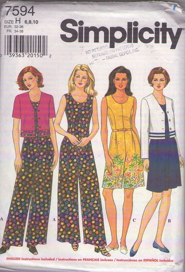Simplicity 7594 Retro 90's Sewing Pattern Summer Jumpsuit, Culottes Romper, Cropped Jacket Cover Up Size 6