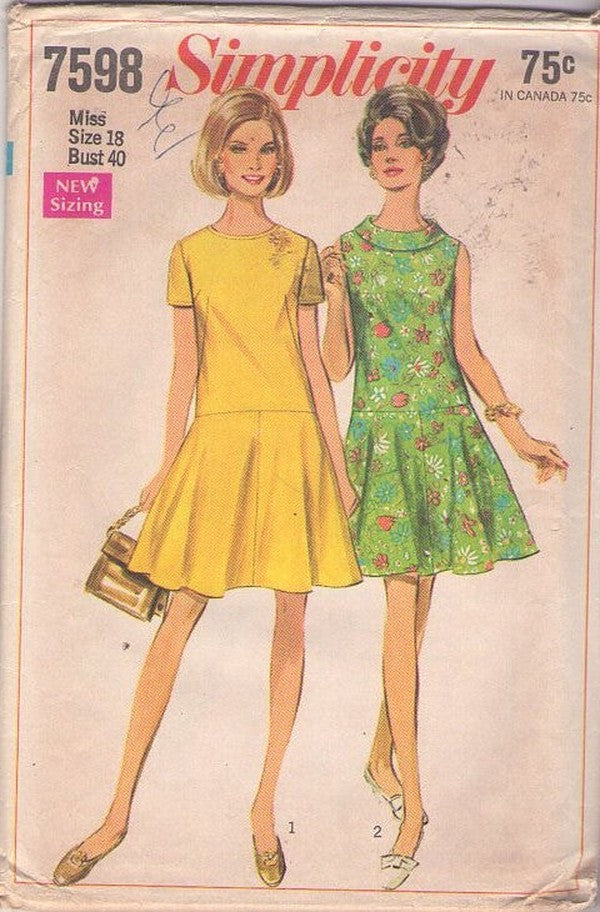 Simplicity 7598 Vintage 60's Sewing Pattern Flirty Mod Dress, Drop Waist, Flared, 2 Styles Size 18