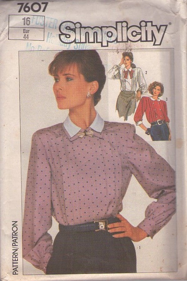 Simplicity 7607 Vintage 80's Sewing Pattern Modest Secretary Blouse Set, Pleats, Back Buttons, 3 Styles Size 16