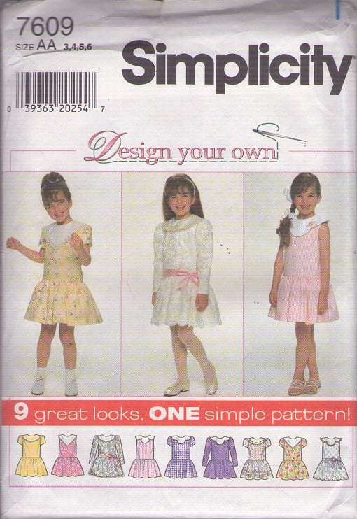 Simplicity 7609 Retro 90's Sewing Pattern Girl's School Dress Set, 9 Great Looks, 1 Simple Pattern, Drop Waist School or Party Styles Size 3-6